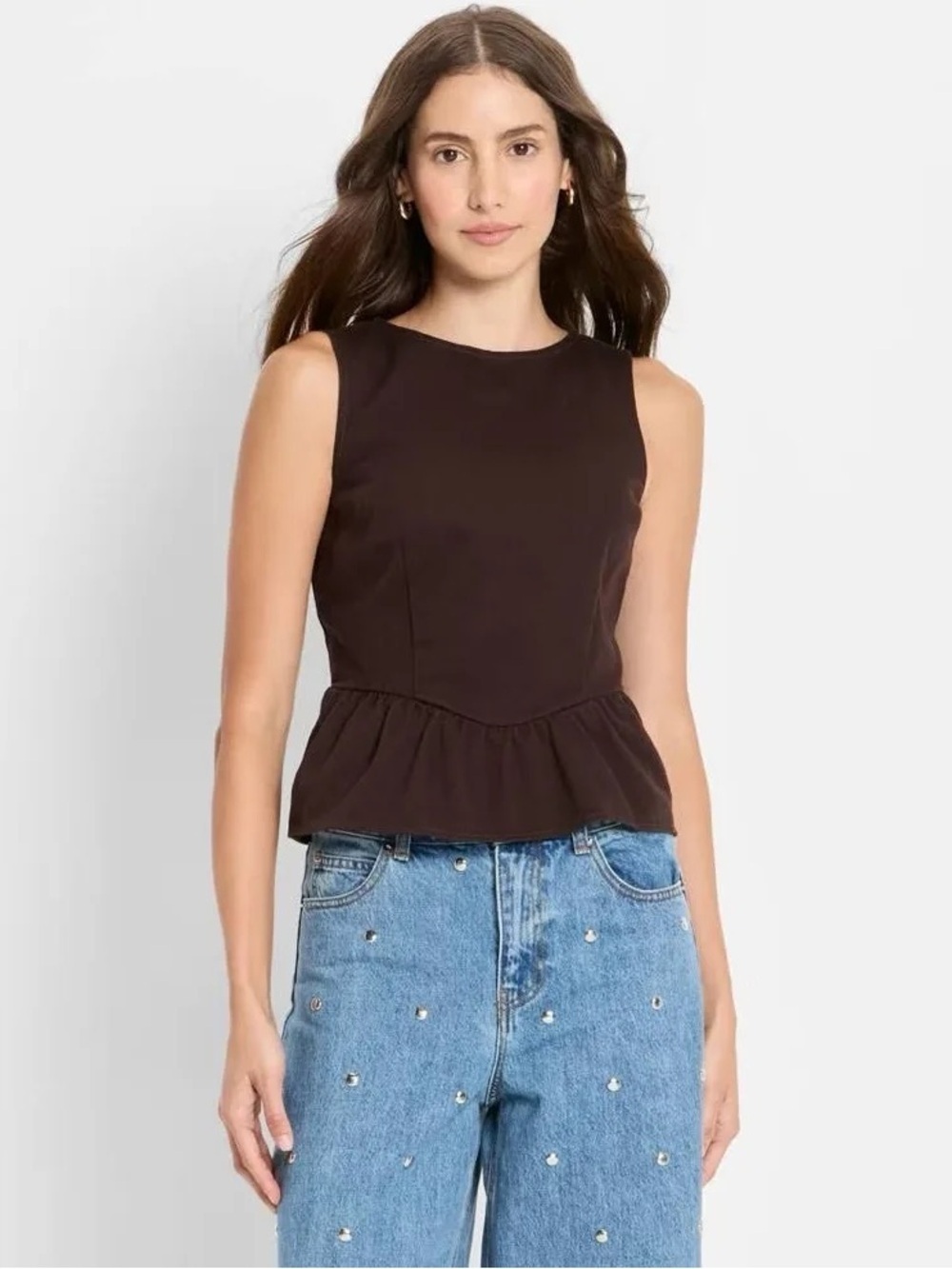 Future Collective Denim Peplum Sleeveless Top Dark Chocolate Brown